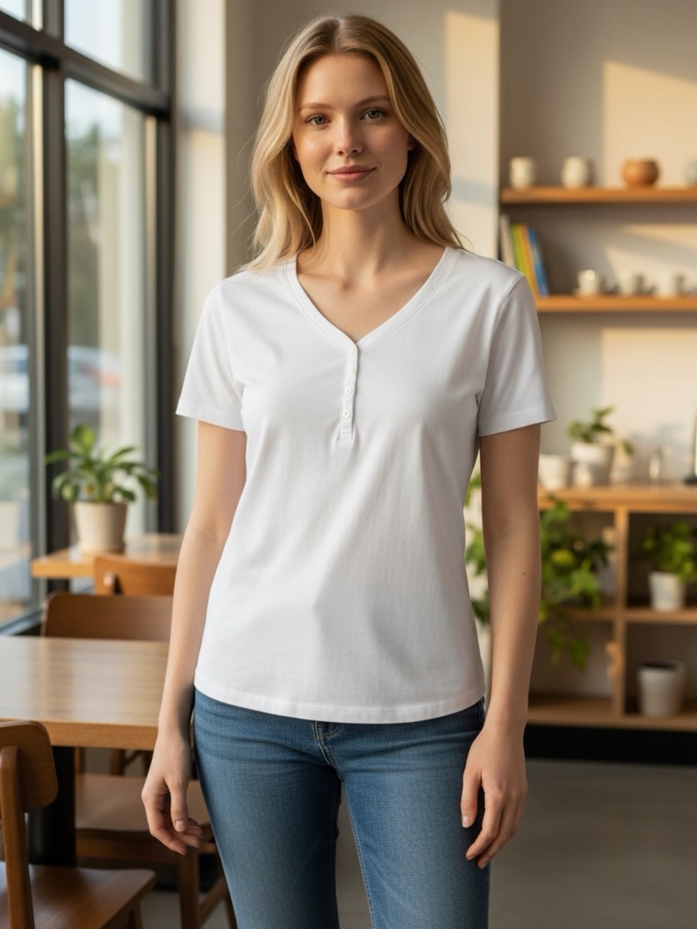 Fresh Produce White V-Neck Henley Short Sleeve Top Women’s Size Medium